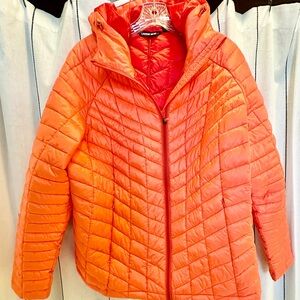 Lightweight winter puffer coat with hood in coral/orange color Lands End